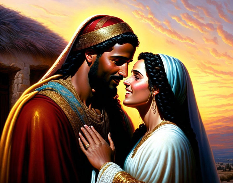 Historical attire couple illustration with sunset backdrop