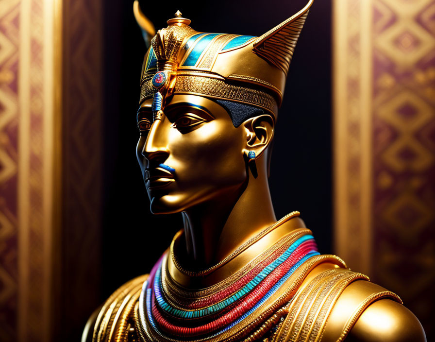 Egyptian Pharaoh Bust with Traditional Headdress and Golden Skin on Dark Background