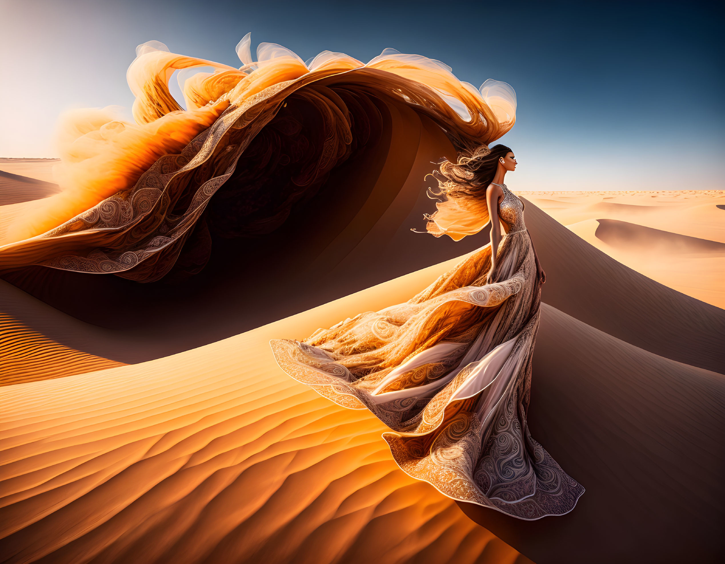 Woman in flowing orange dress on sand dune with billowing gown