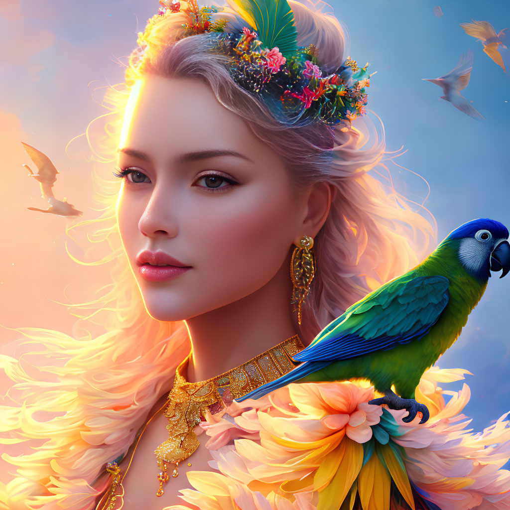 Digital Artwork: Woman with Floral Crown and Blue Parrot, Soft Light Background