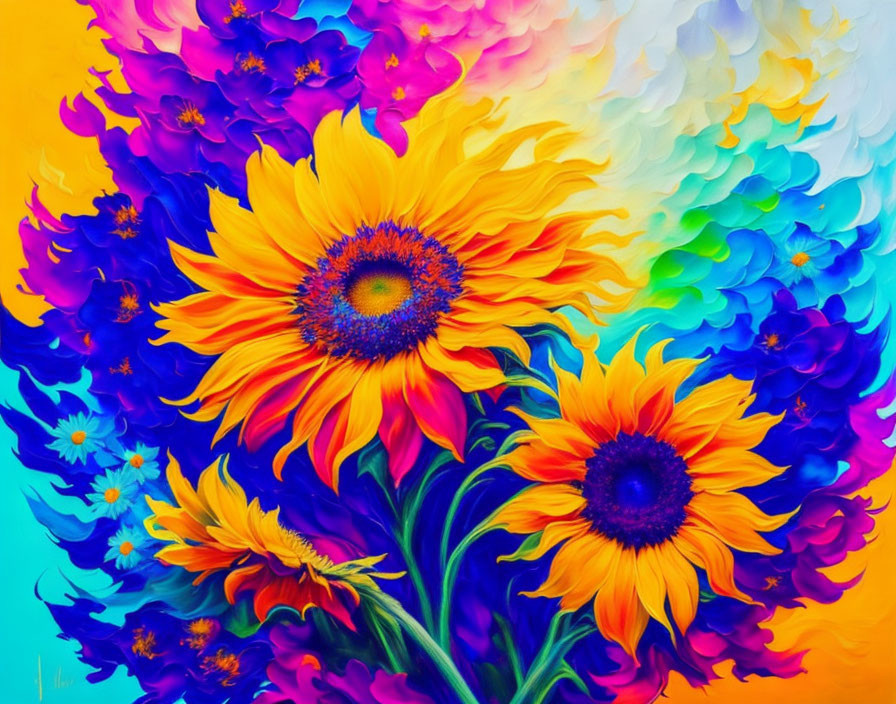 Colorful Sunflower Painting on Bright Abstract Background