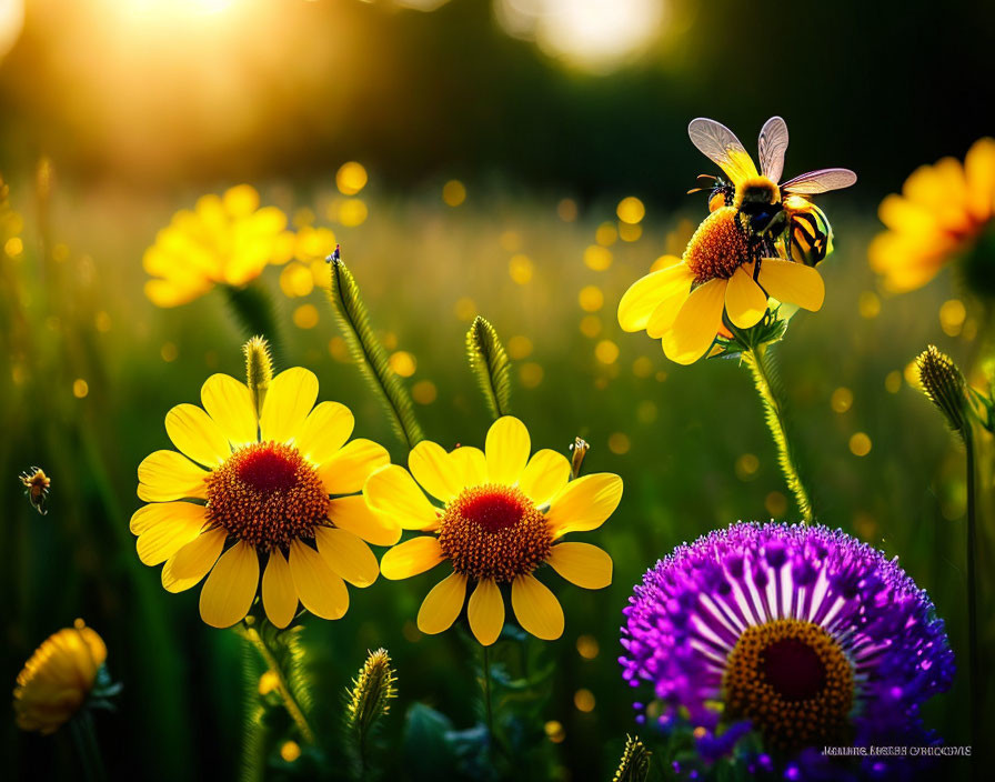 Vibrant sunset lighting on yellow and purple flowers with a bee.