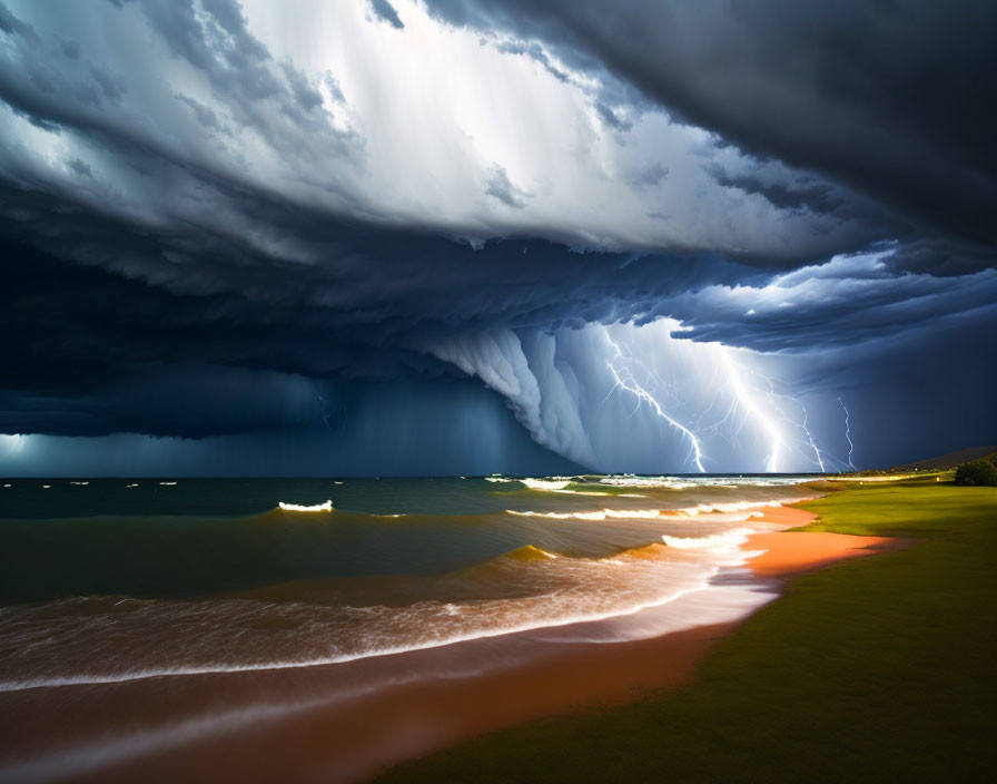 Intense lightning strikes during dramatic beach thunderstorm