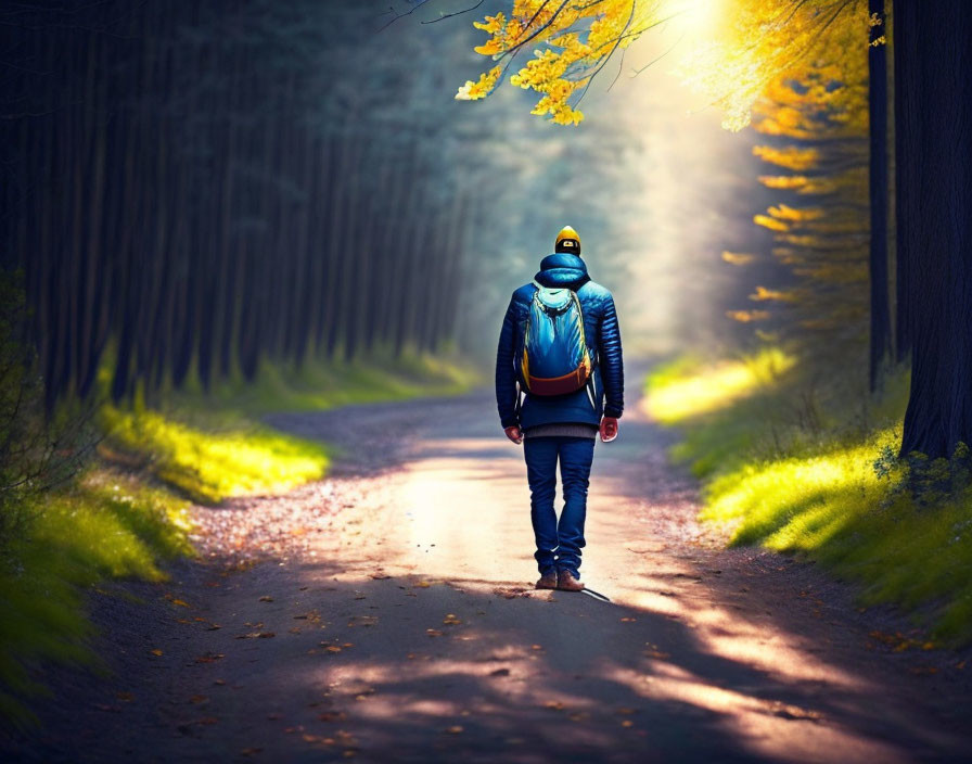 Person walking on autumn forest path with sunlight filtering through trees