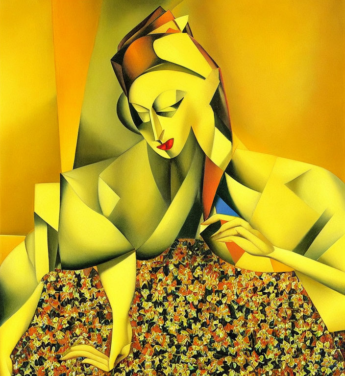 Geometric Cubist painting of a woman in yellow tones with headdress.