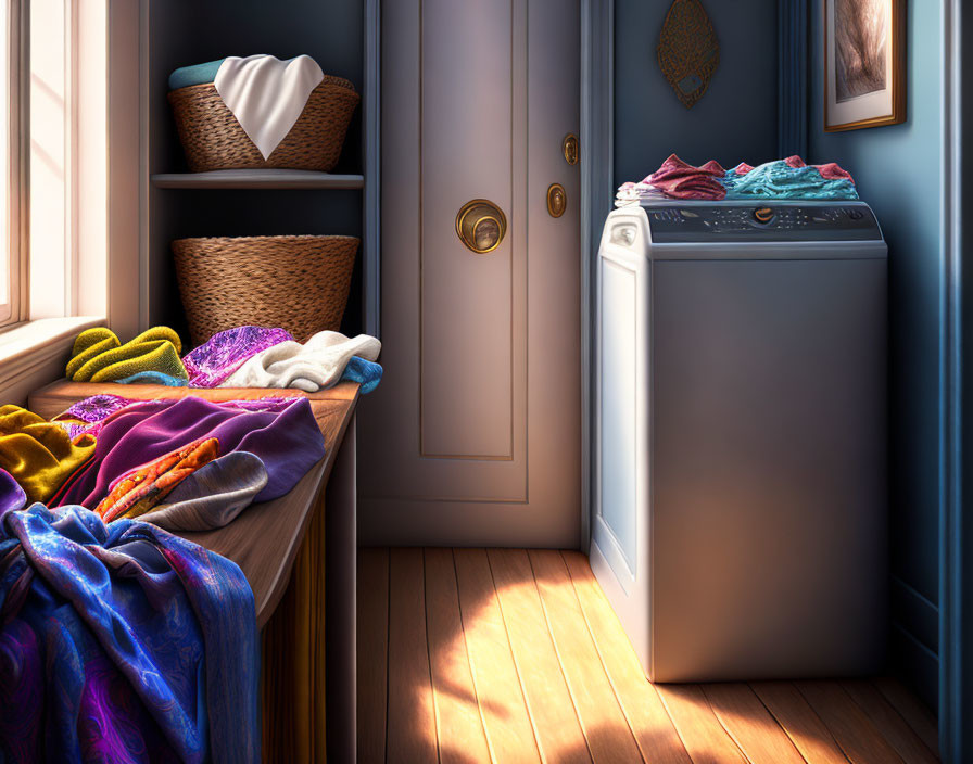 Sunlit Laundry Room with White Washing Machine, Shelves of Clothes, and Wicker Basket