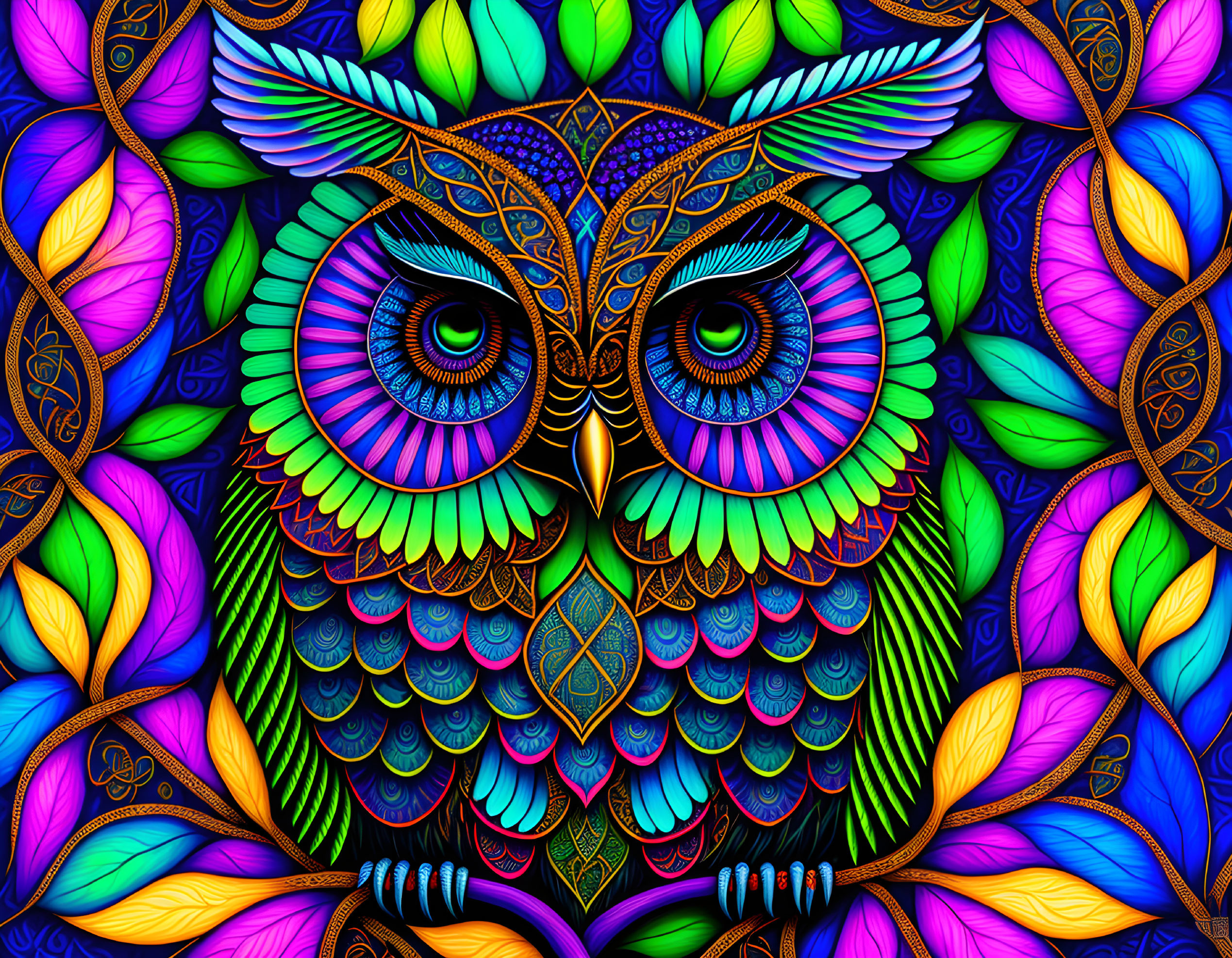 Colorful Owl Artwork with Intricate Patterns and Stylized Leaves