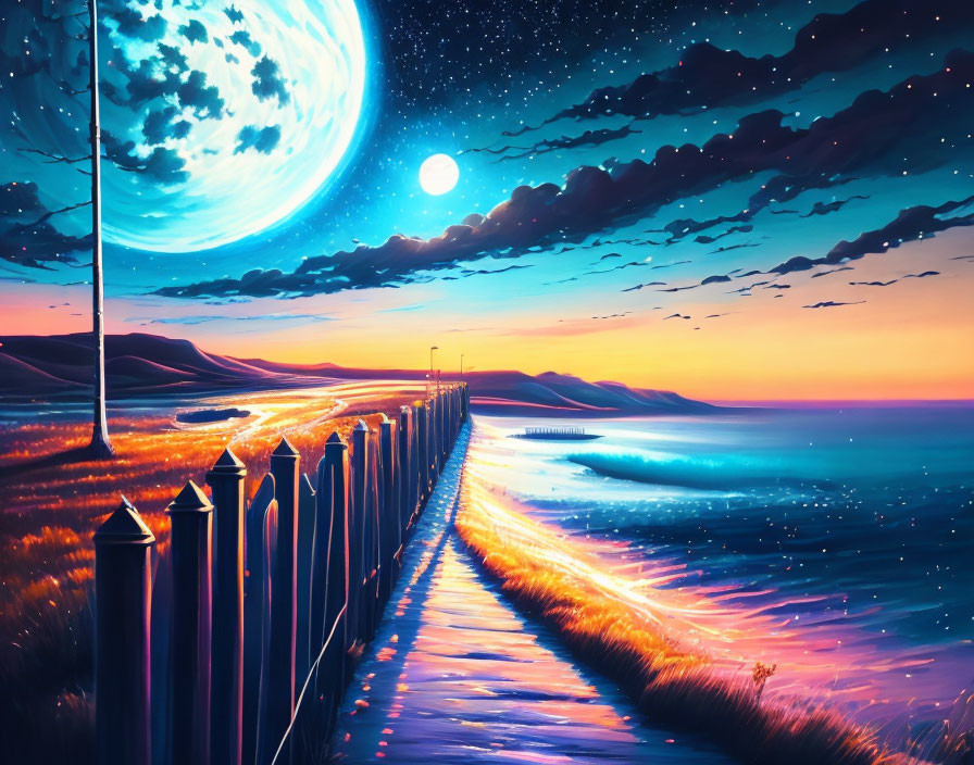 Surreal landscape digital artwork with moon, starry sky, glowing pathway, ocean