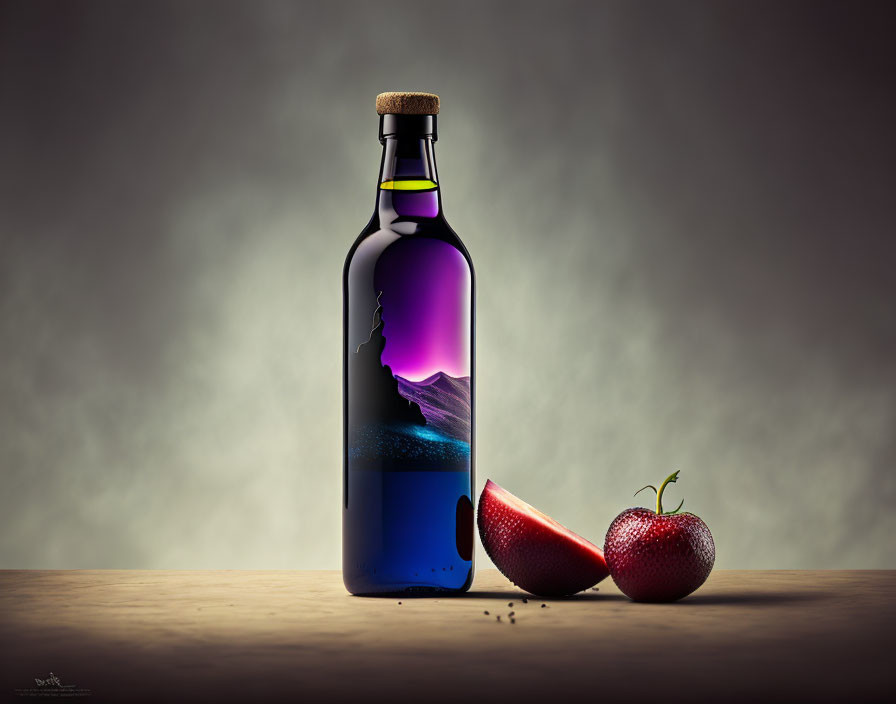 Mountain Silhouette Design Decorative Bottle with Sliced Red Apples on Wooden Surface