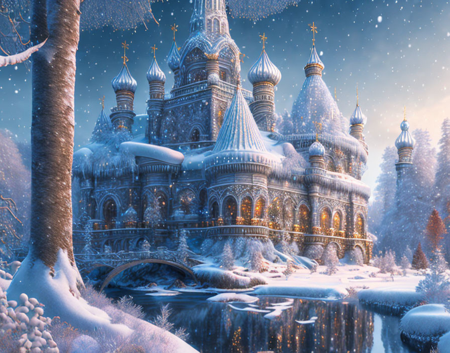 Ornate fairytale castle in snowy landscape at twilight