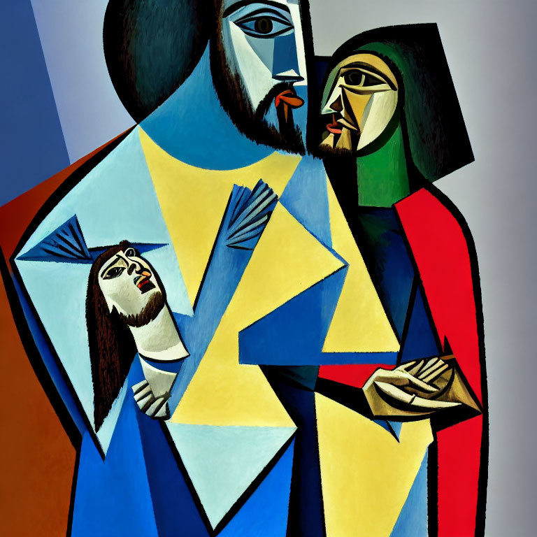 Colorful Cubist Painting Featuring Three Figures in Geometric Shapes