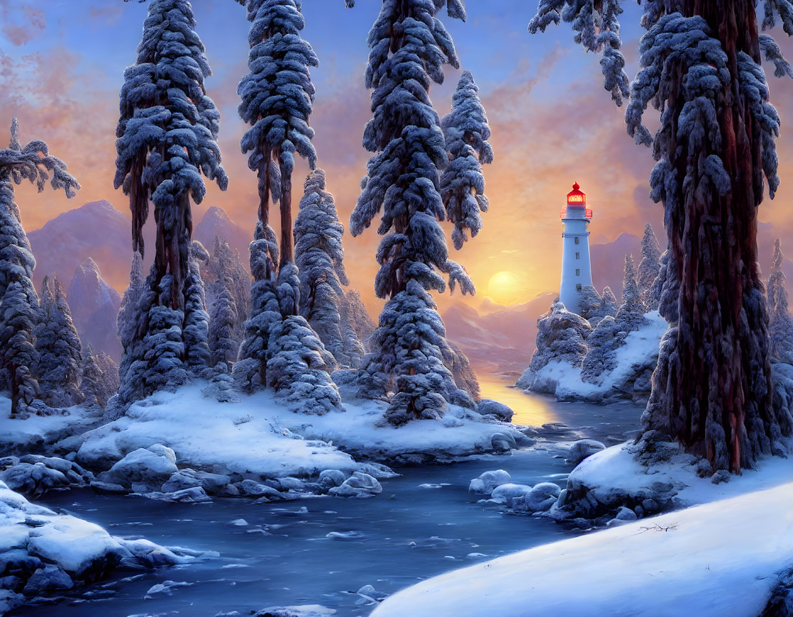 Winter scene: snow-covered trees, lighthouse, and river at sunset