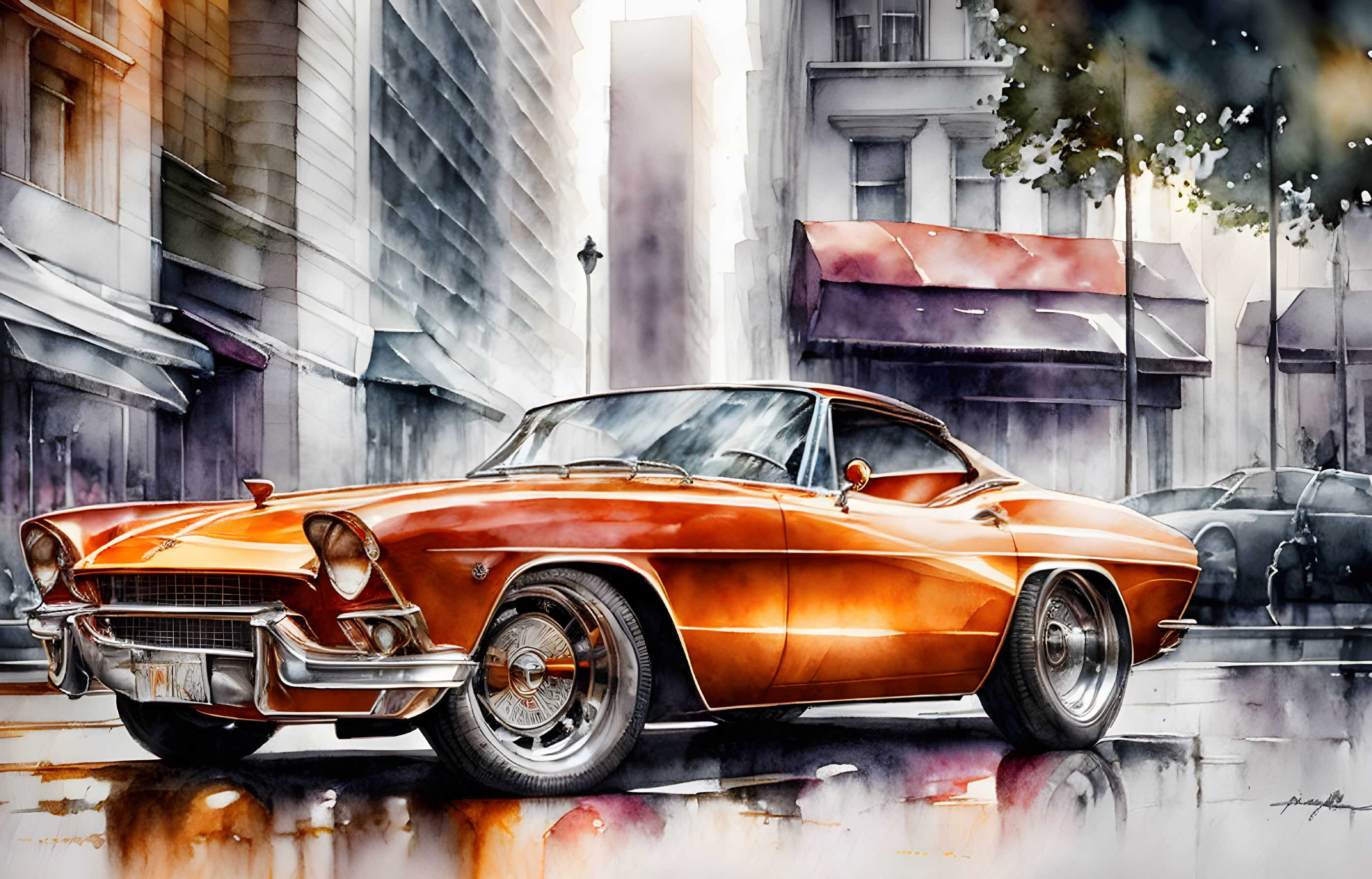 Vintage Orange Car Illustration on Wet Street with City Buildings