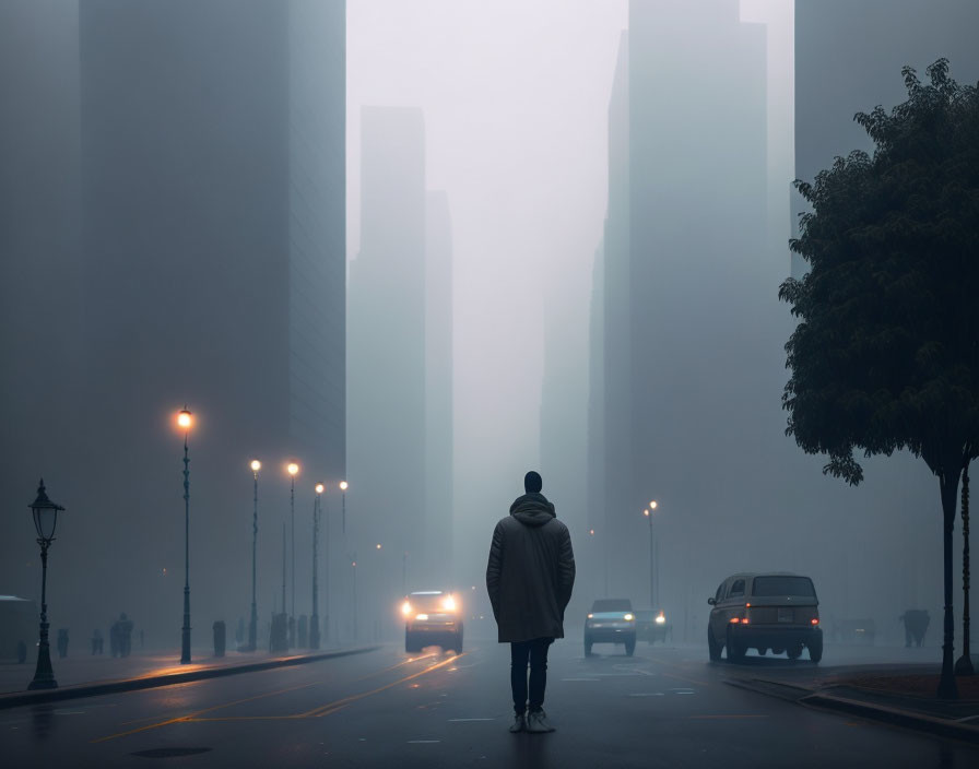 Urban streetscape with lone figure in foggy setting