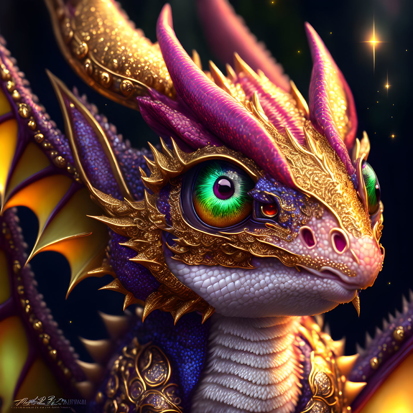 Detailed Dragon Head Illustration with Golden Horns and Green Eyes