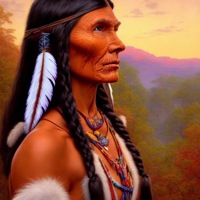 Digital illustration of indigenous person with feathered headdress and sunset landscape