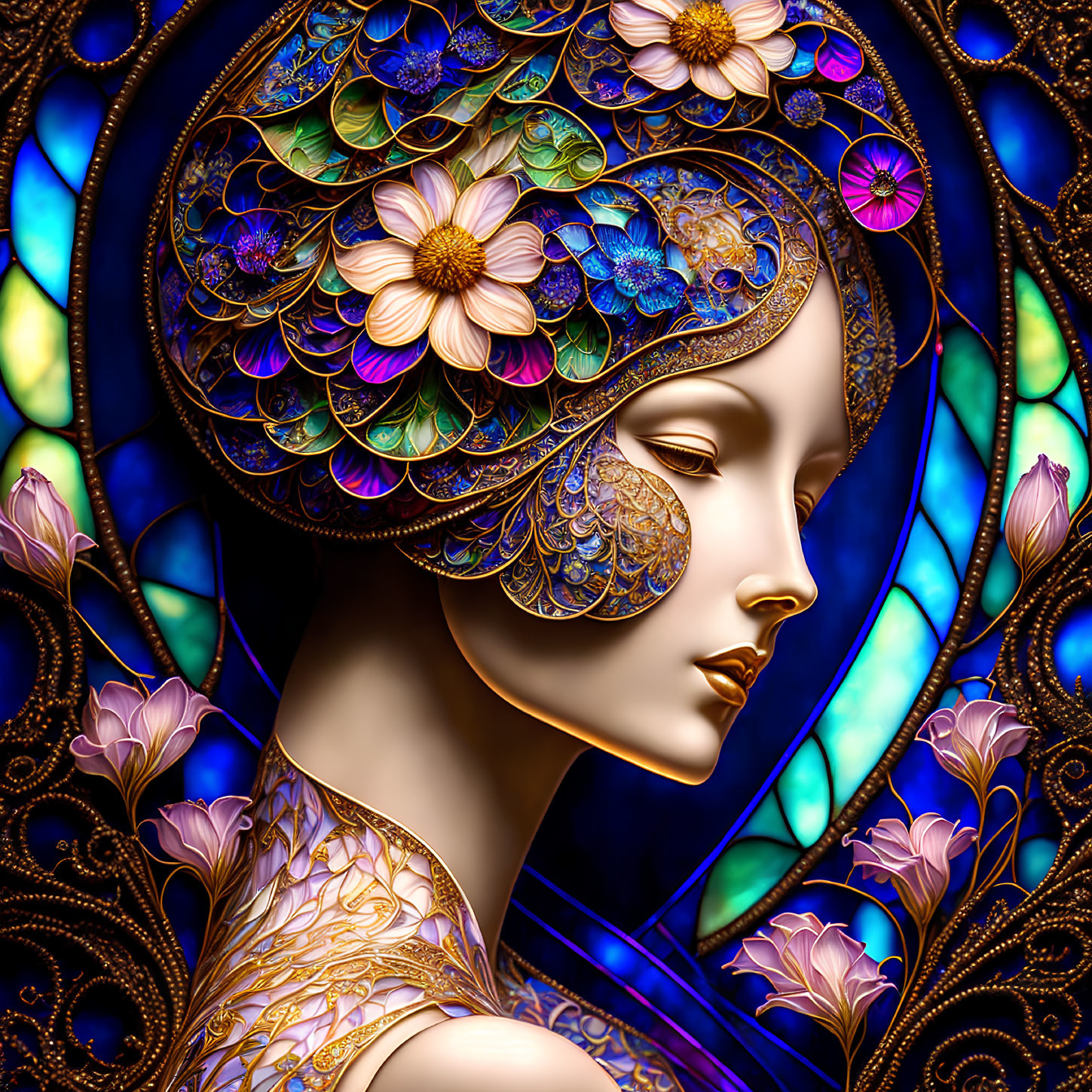 Intricate Jewel-Toned Floral Motifs Surrounding Woman's Profile