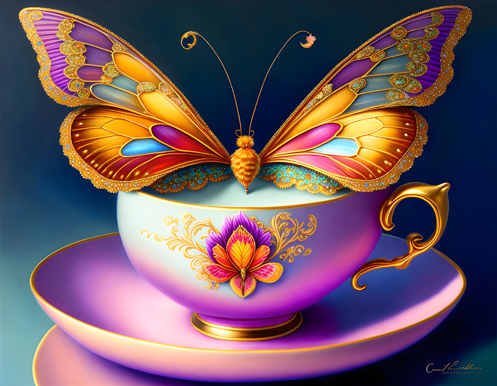 Colorful Butterfly Illustration Perched on Teacup Against Blue Background