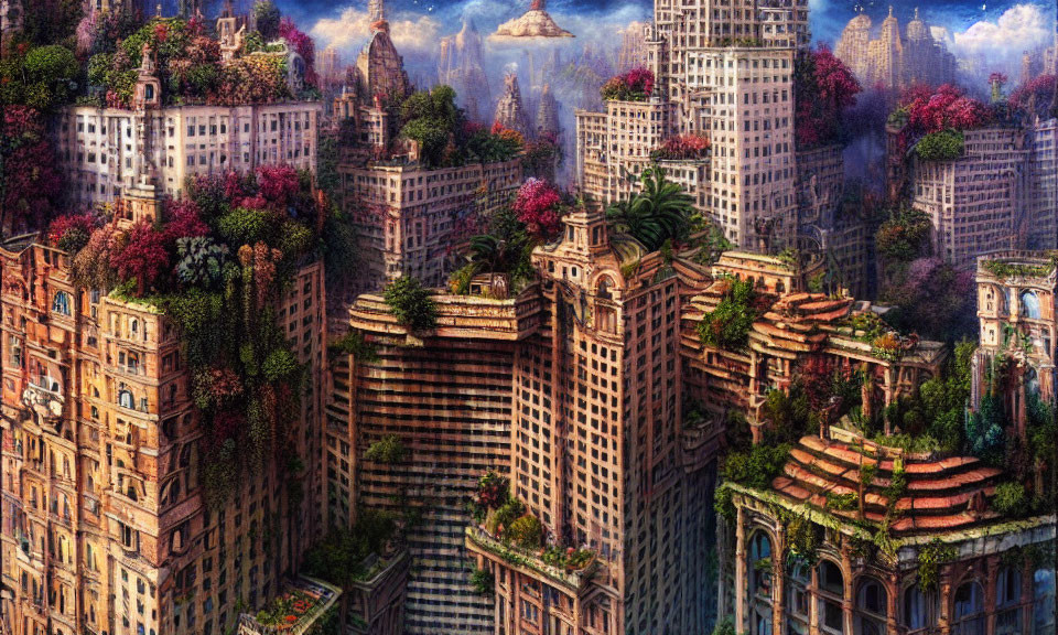 Overgrown vegetation on classical and modern buildings in a fantastical cityscape