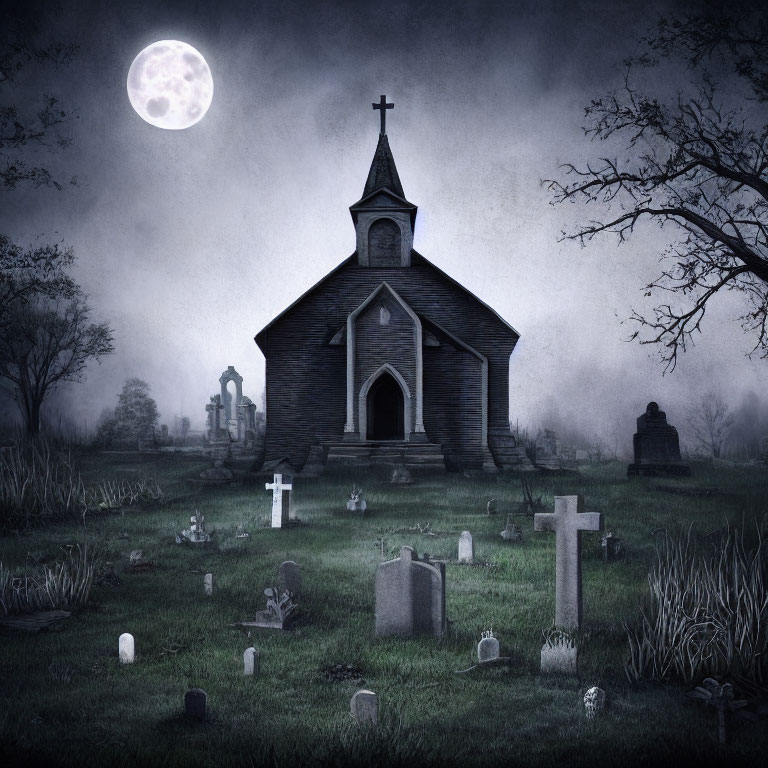 Moonlit Gothic Church and Graveyard in Misty Scene