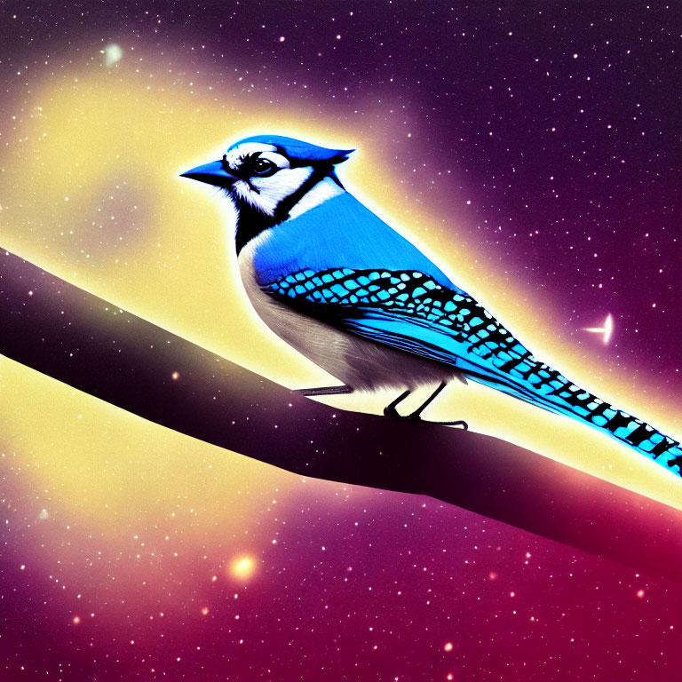 Stylized blue jay on branch in cosmic backdrop