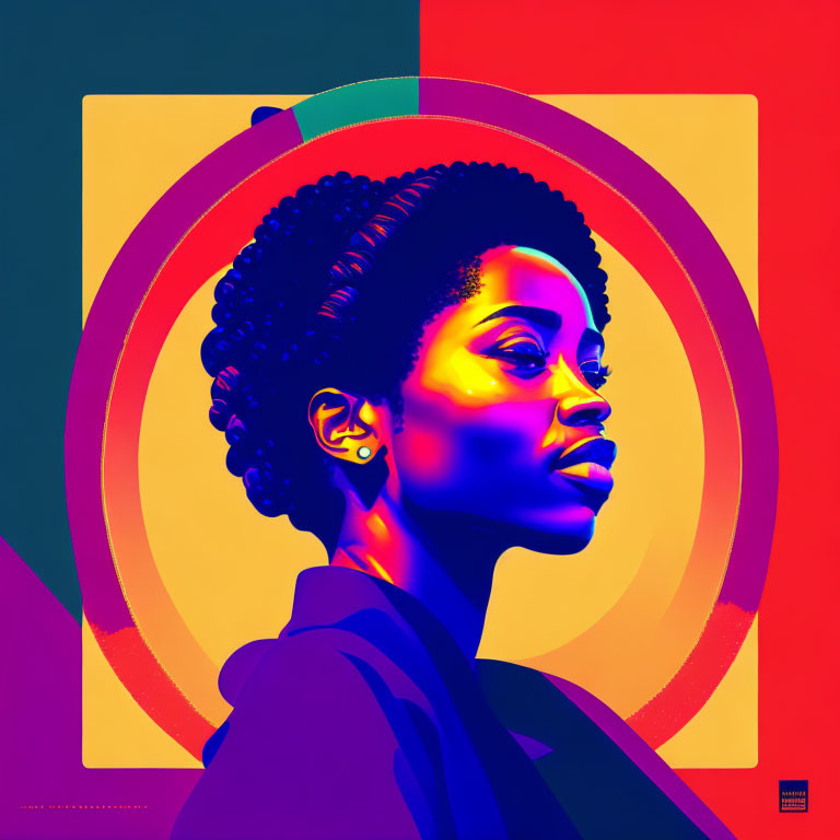 Colorful portrait of woman with afro on geometric multicolored backdrop. Warm and cool hues contrast