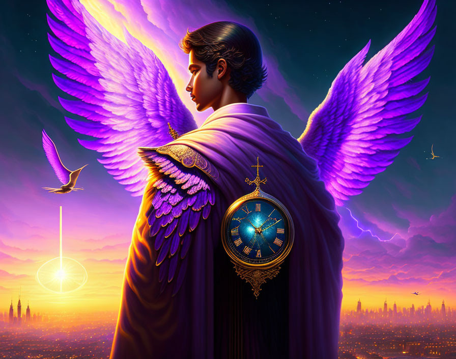 Purple-winged angel with embedded clock overlooking sunset cityscape