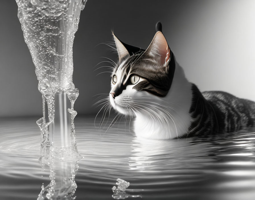 Striped Cat Watching Water Stream Reflection