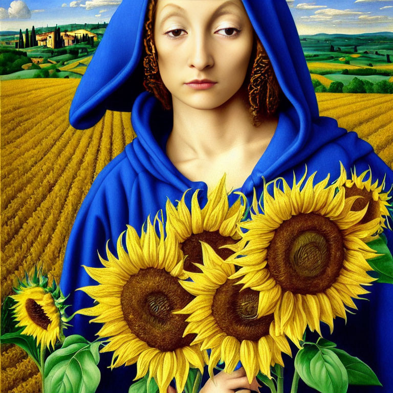 Woman in Blue Cloak Holding Sunflowers in Rural Landscape