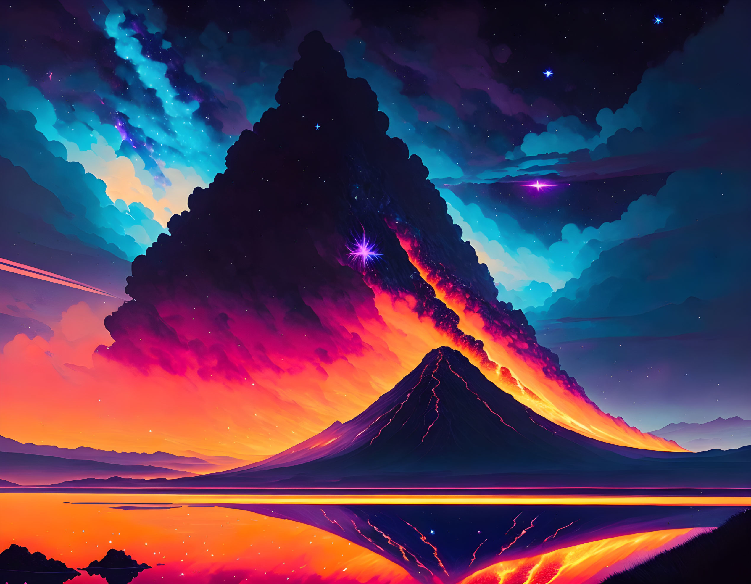 Colorful digital art: Mountain reflection in water under starry sky