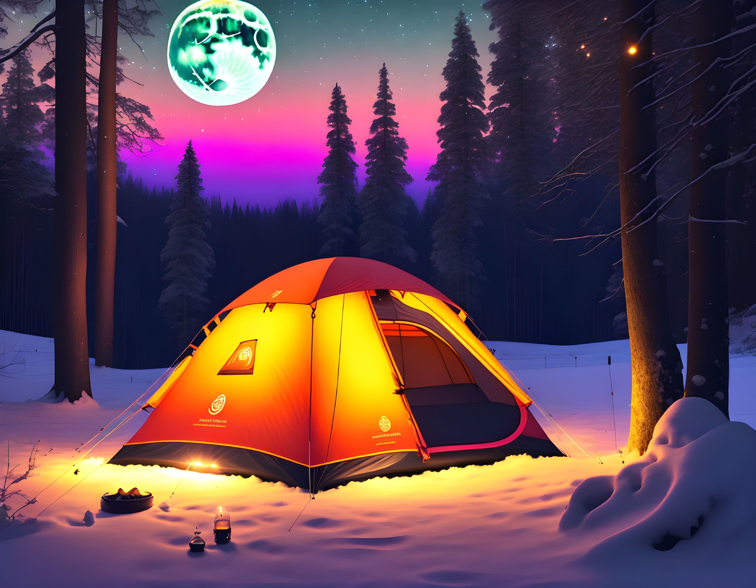 Snowy forest night scene with illuminated tent, vibrant aurora, and full moon