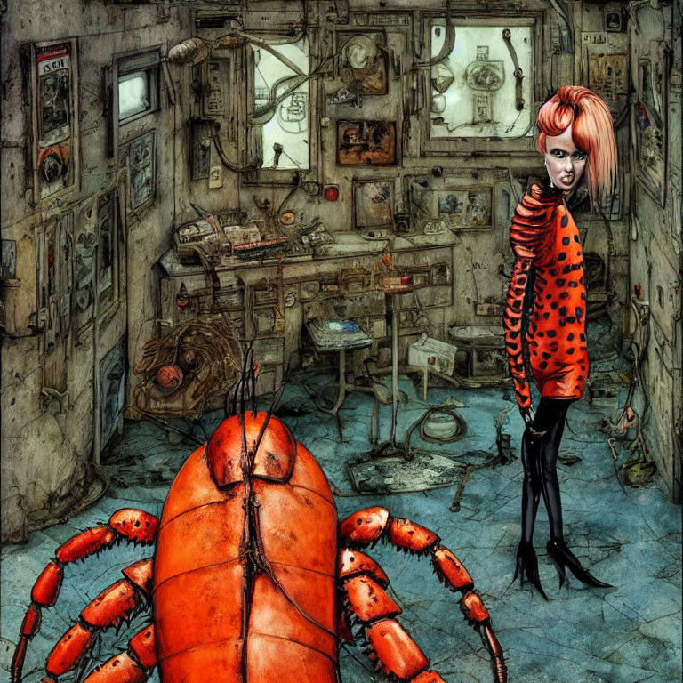 Whimsical image: Woman with pink hair, polka-dot dress, and mechanical lobster in clutter