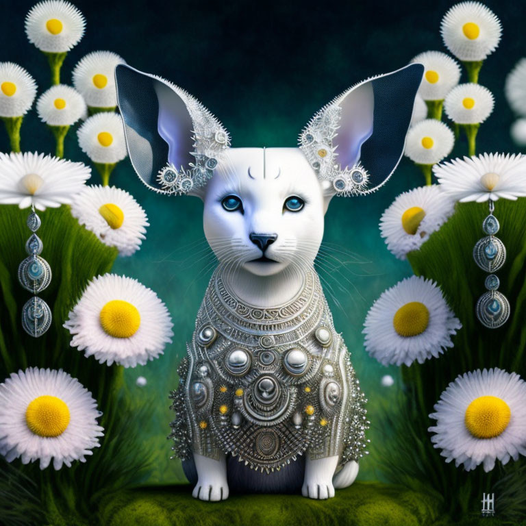 White Cat with Silver Jewelry and Metal Chest Piece Among Daisies