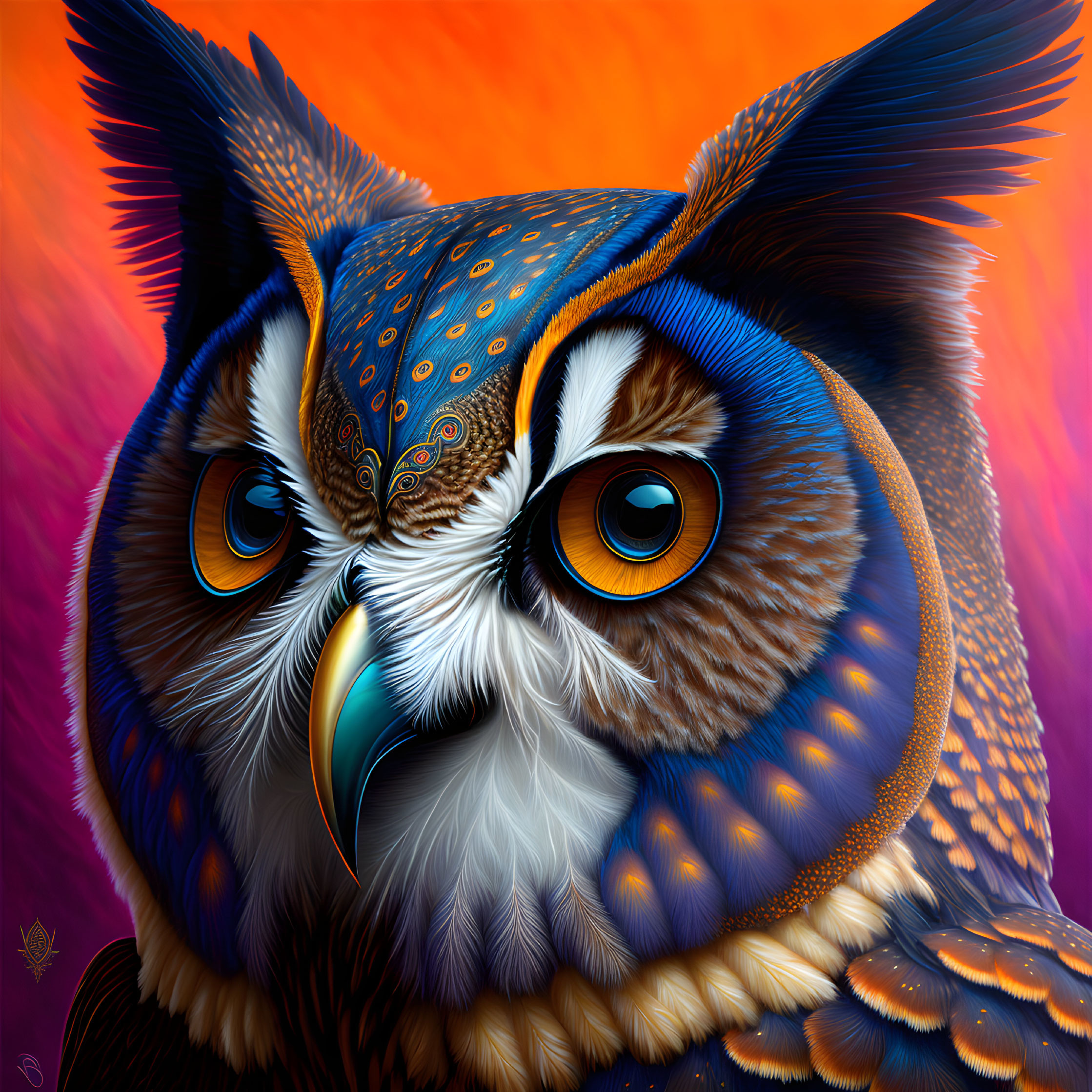 Colorful Owl Artwork with Intricate Patterns on Feathers