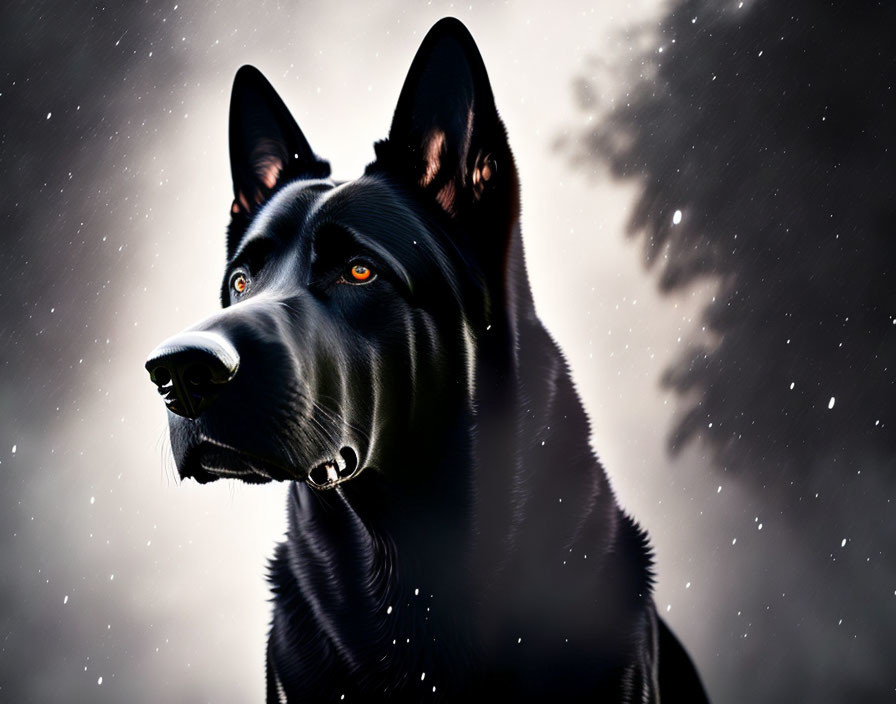 Black German Shepherd with pointed ears and amber eyes in misty, dark setting