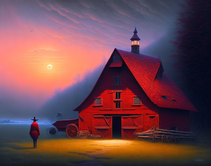 Twilight scene with person standing by red barn under moonlit sky