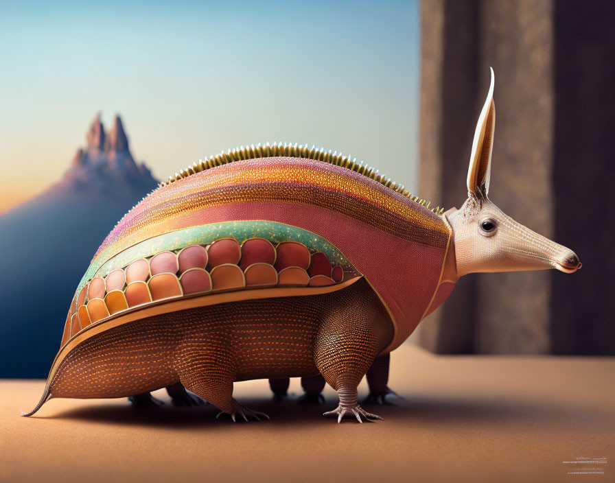 Colorful Armadillo with Horn in Desert Landscape