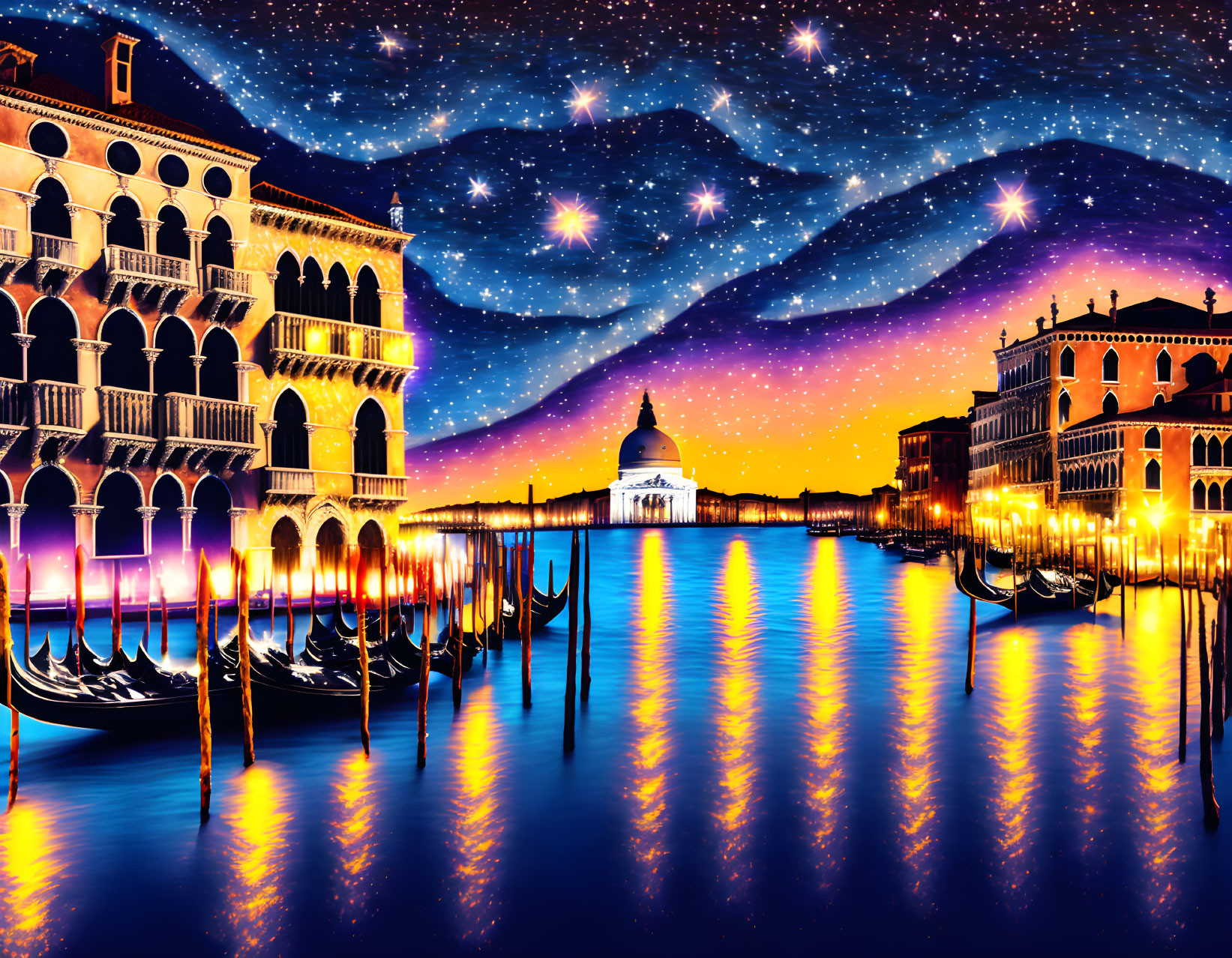 Nighttime Venice painting with stars, glowing lights, and gondolas.