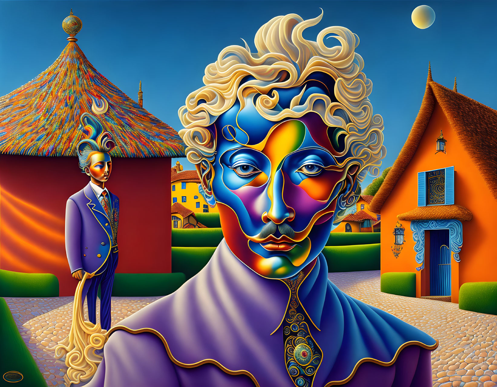 Surrealist painting of blue-faced figure in purple suit among colorful buildings