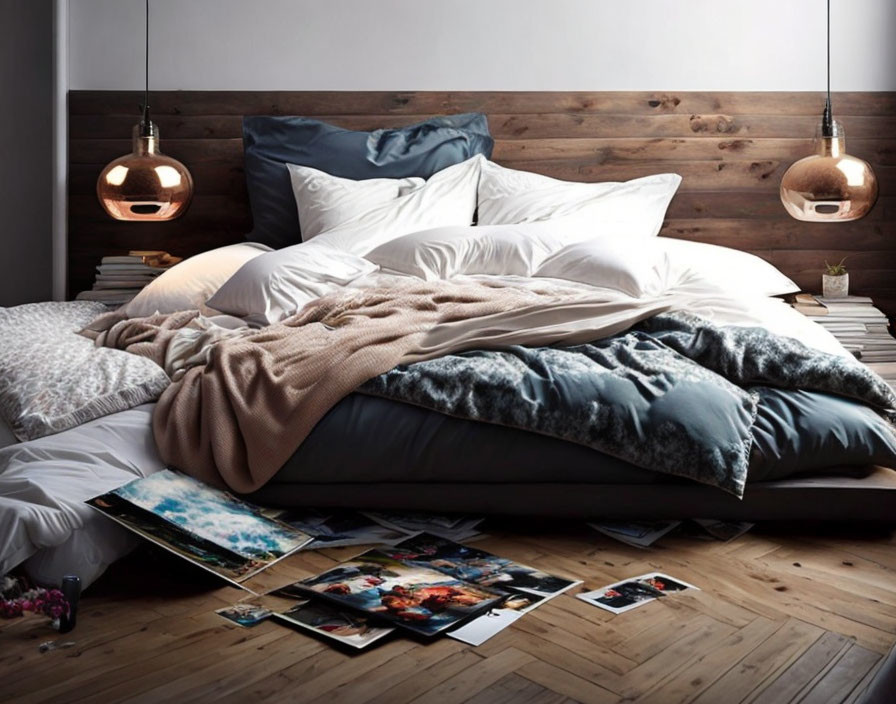 Modern Bedroom with Low Bed, Wooden Headboard, Photos, Glass Lamps, and Fur Blanket