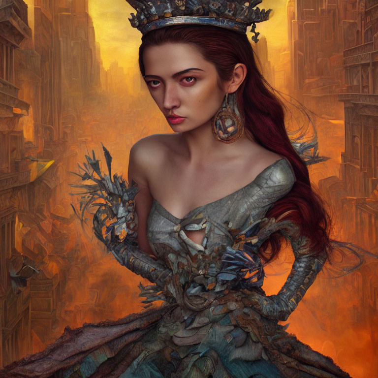 Regal woman in crown and ornate dress against fiery ruins