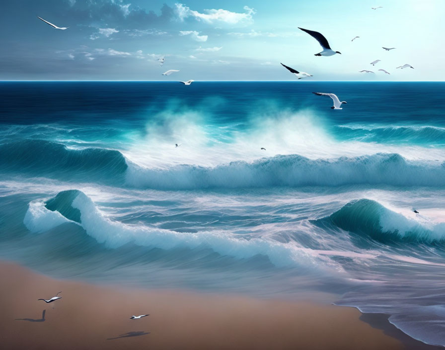 Tranquil seascape with serene waves and soaring seagulls