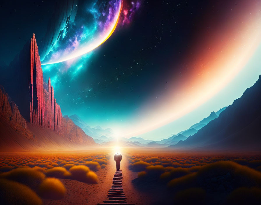 Person on path towards bright horizon in fantastical landscape with celestial bodies