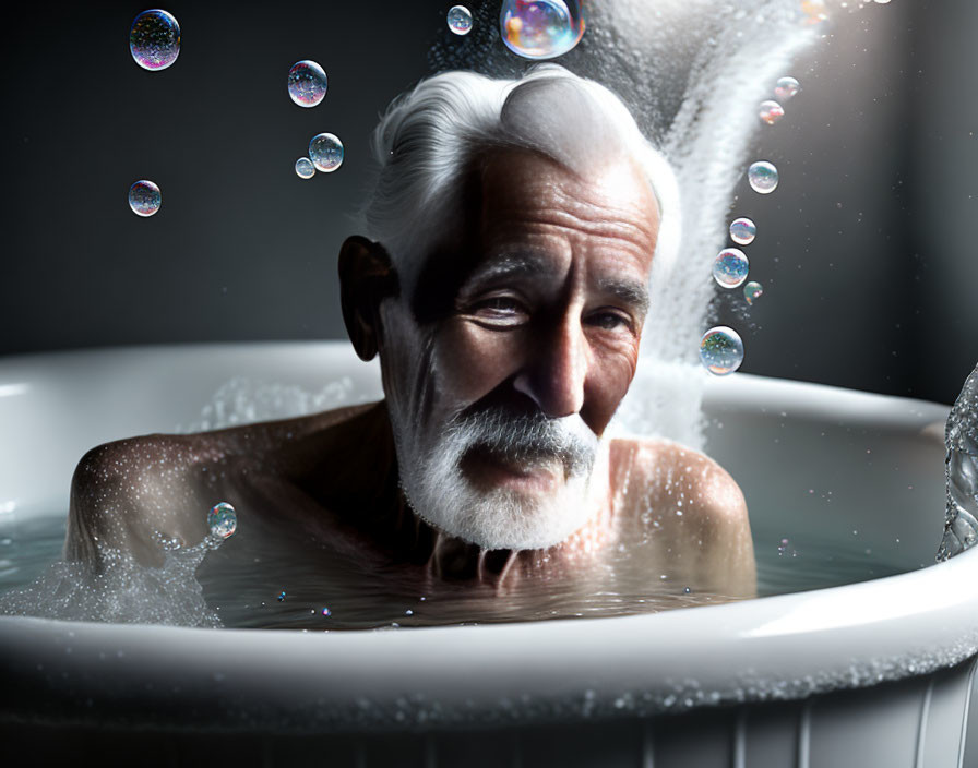 Elderly Man Enjoying Bubble Bath with White Mustache and Hair