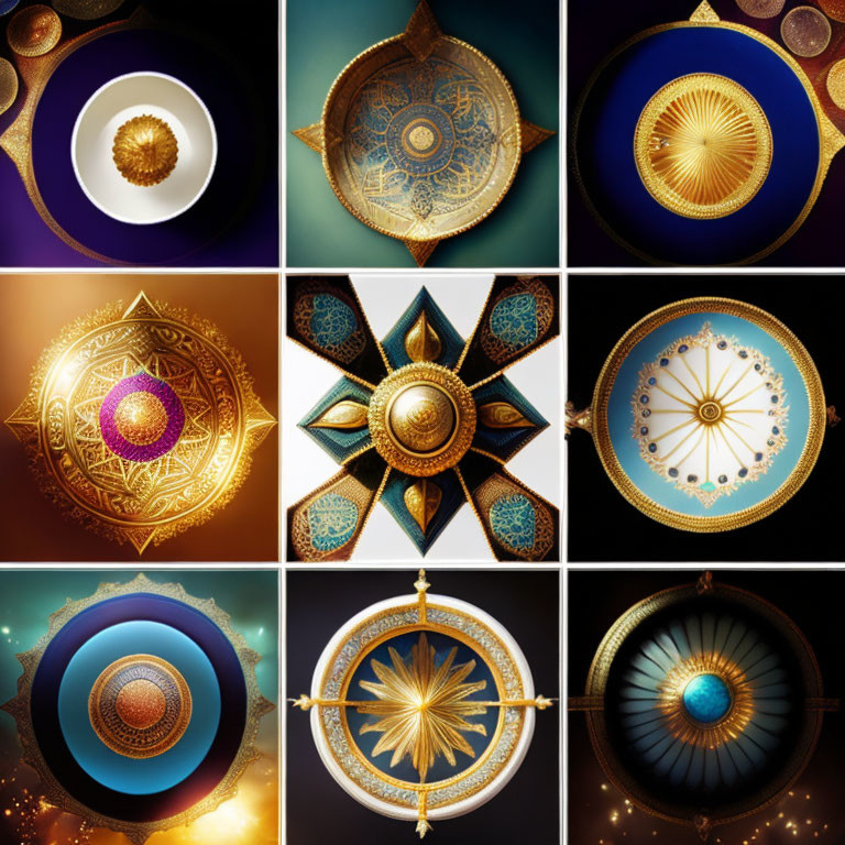 Nine Intricate Mandala Designs with Golden Patterns on Colorful Backgrounds