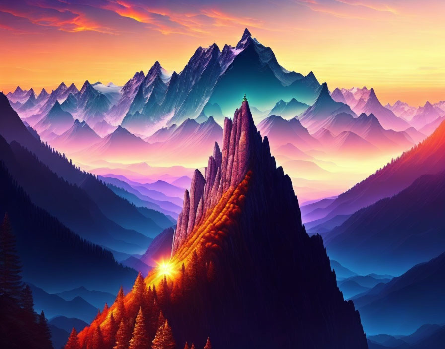 Colorful Sunrise Landscape with Layered Mountains & Silhouetted Trees