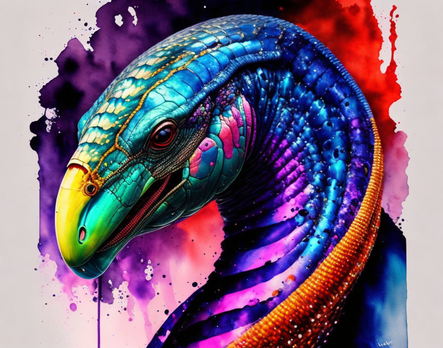 Colorful reptilian creature with blue scales in vibrant artwork