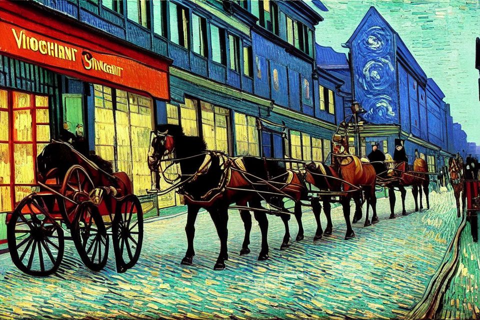 Colorful street scene with horse-drawn carriages and swirling night sky