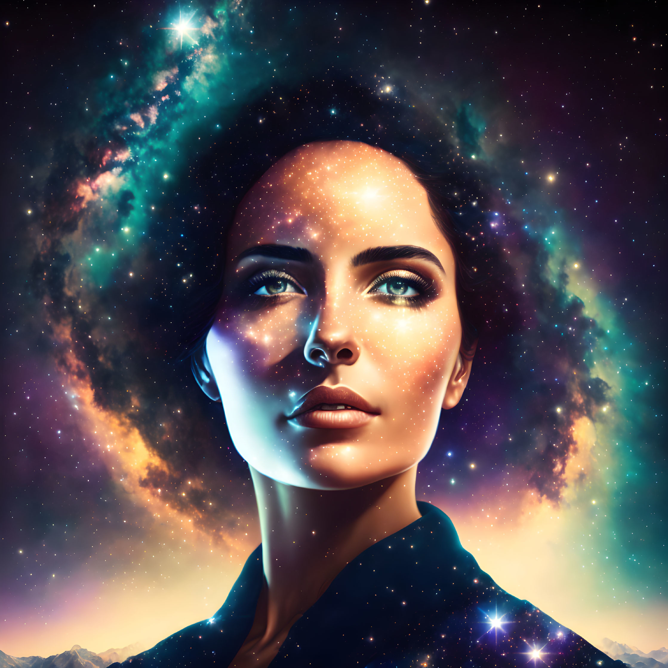 Digital artwork: Woman's portrait blended with cosmic background, starry nebula, mountain silhouettes