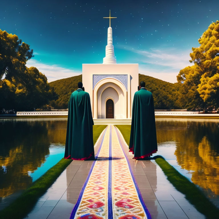 Two figures in green cloaks at the beginning of a vibrant carpet path towards a white monument under a